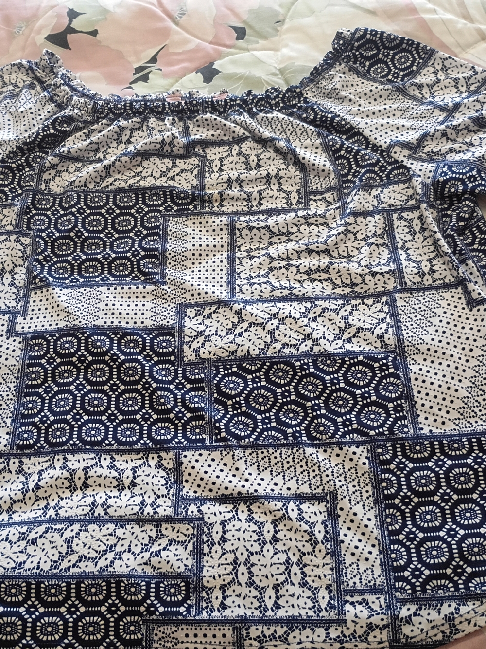 SJS Navy and White Patchwork Print Off-Shoulder Blouse
